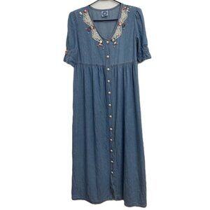 Vtg Bingo Bingo Denim Dress Sz 6 Lace Ribbon Roses Faux Pearl Beads S/S Cotton